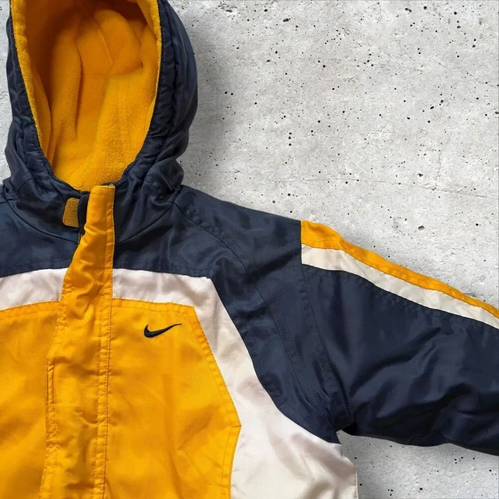Kids Nike Hooded Jacket Yellow Blue Reversible Fleece Winter Coat Youth L y2k